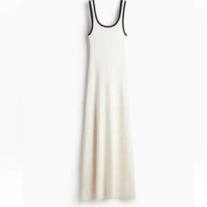 Divided H&M White Rib Knit Sleeveless Strap Dress Black Trim Stretchy Size L EUC